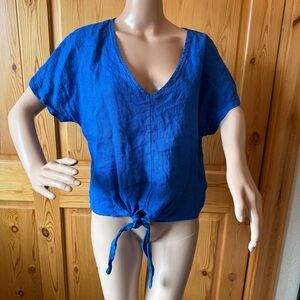 Meo Meli Italy Linen Top Tie Detail Boxy Cropped Blue Size M L  V Neck